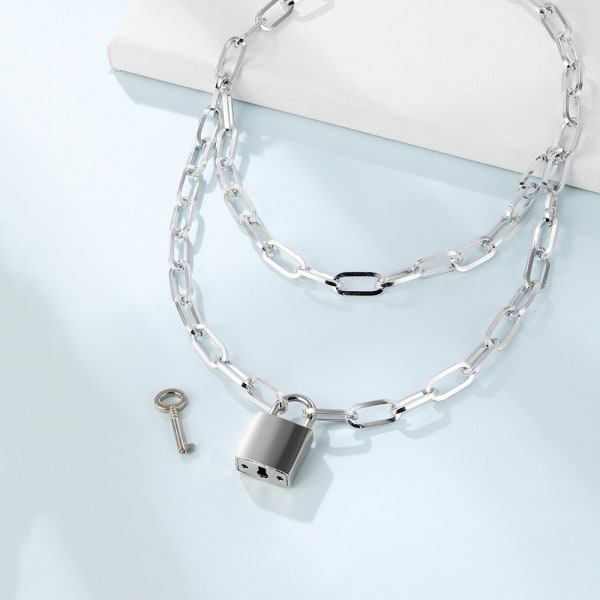 Dubbla lager låskedja halsband metall hänglås hängande halsband