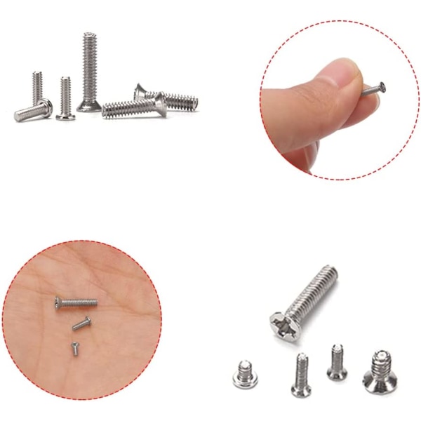 500 stycken Micro Tiny Screws Kit, M1.2 M1.4 M2 Micro Reparations Screws, Rostfritt stål Små skruvar Sortimentssats med skruvmejsel, Silver