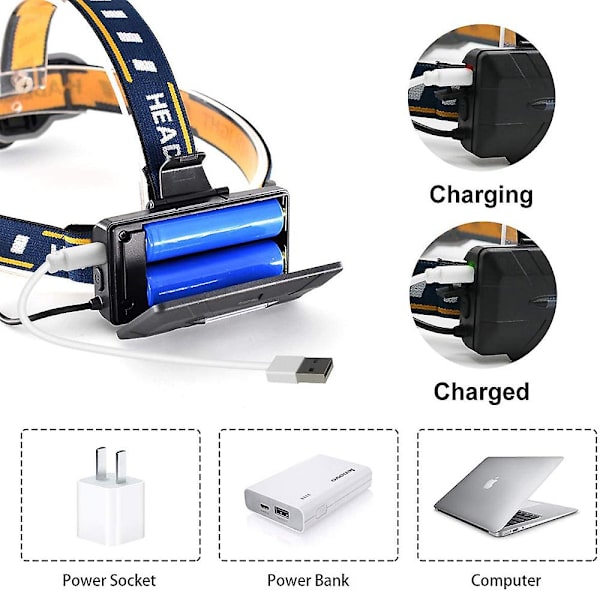 7 LED-strålkastare Uppladdningsbar strålkastare Ficklampa + USB-kabel 2 batterier