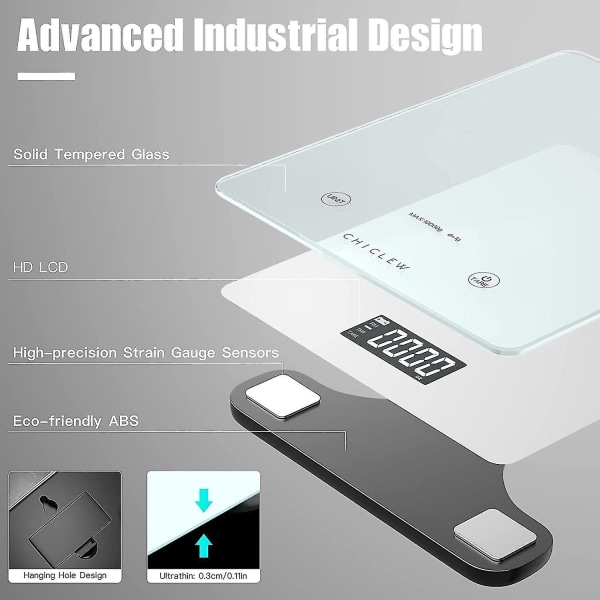 Elektronisk kjøkkenvekt, 10 kg/1 g presisjonsvekt med ultrafint herdet glass, berøringsskjerm