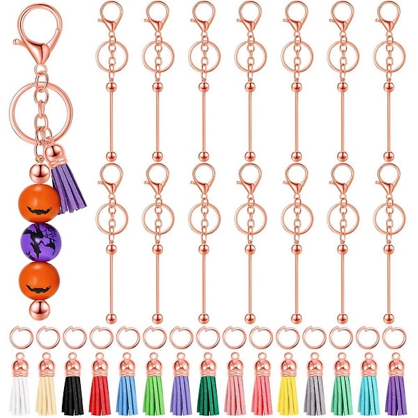 15 st Beadable Keychain Bar Metall Blank Keychain Med 15 st Läder För Diy Bead Keychain Supplie