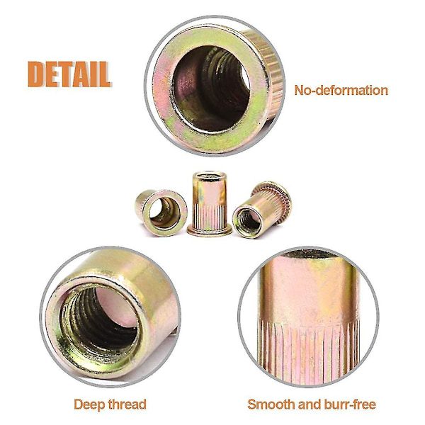150 stk. M6 metriske forzinket kulstofstål nittemøtrik fladt hoved gevindindsats møtrik sæt (m6)
