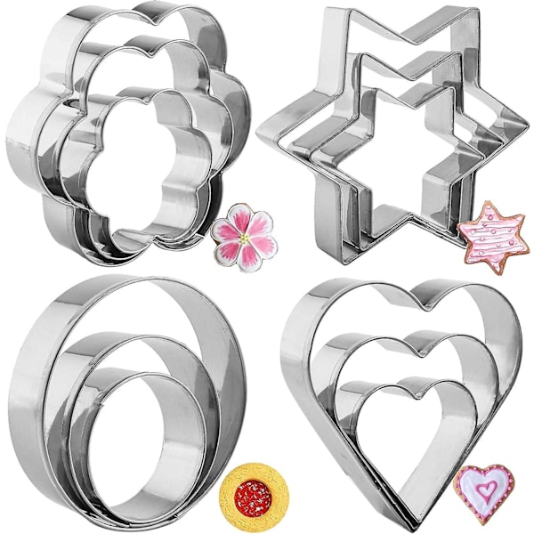 12 Pcs Cookie Cutters Shapes Baking Set, Heart Flower Round Star Shape Biscuit Stainless Steel Metal Molds Cutters For Kitchen Baking Birthday