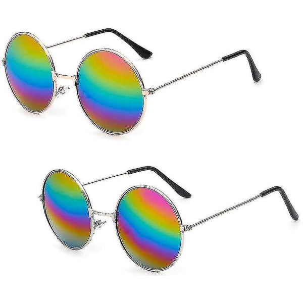 2 st färgade runda retro hippie-solglasögon, hippie-glasögon med robusta metallbågar och tonade linser - Snngv