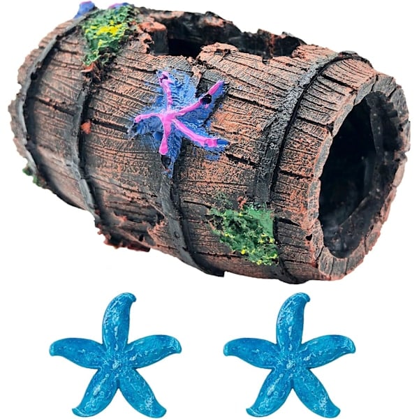 Star-Fish Ødelagt Tønne Dekor - Dekorasjoner for fiskeakvarium i harpiks, fiskehuleornament, 1 ødelagt tønne, 2 blå sjøstjerneornamenter