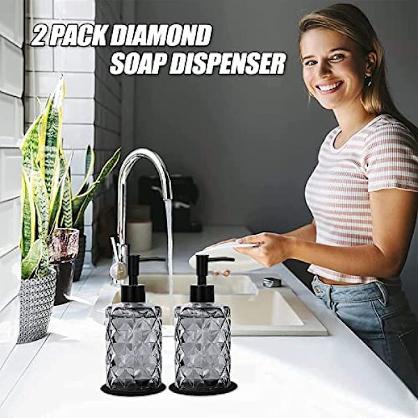 Versatile Glass Soap Dispenser, Lotion and Soap Pump Set, 2-pack 355ml Diamond Design for Versatile Use, Refillable & Eco-Friendly