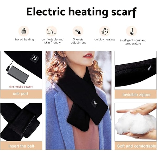 USB-uppvärmd halsduk med 3 justerbara temperaturinställningar, Unisex varm vindtät halsduk med fickor, perfekt för vinter, inomhus och utomhus