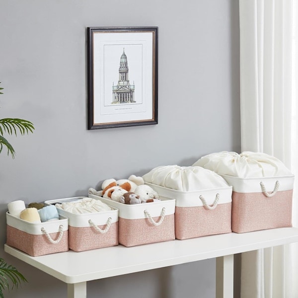 Bløde opbevaringskasser i stof, rektangulære kurve til hylder, skabe, legetøj og tøj, 31 x 21 x 16 cm, rosa og hvid (1 stk.)