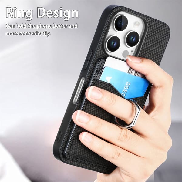 iPhone 16 Pro-deksel med kortspor + ring, karbonfibertekstur