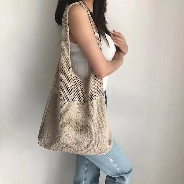 Kvinnor virkade stickade bohemiska axelväska tote handväska shoppingväska strandväska, 1 st-khaki