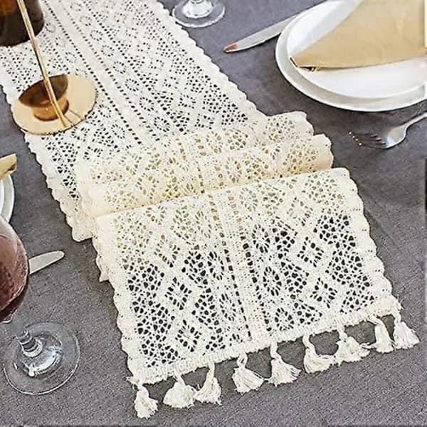 9,5 \"x 71 \" Beige Makramé Bordløber Rektangulær Hæklet Blonde Elegant Hul Mesh Dug til Rustik Boho Bryllupsdekor Brud & Baby[CO]