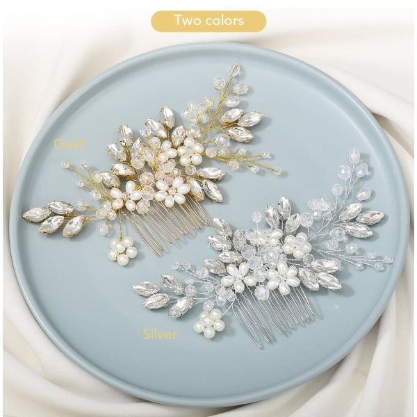 Brud Bröllopshårkam Pärla Blomma Hårprydnad Strass Bröllopshårtillbehör för Kvinnor HC034 (Y-Guld)