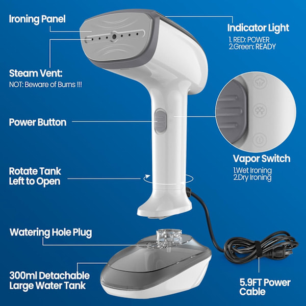 aftfull Handheld Steamer, 1200W with Fast Ceramic Heating Plate, 2 in 1 Ironing and Garment Steamer