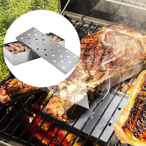 1 røgboks i rustfrit stål, stabil røgboks, grilltilbehør, egnet til gasgrill og kulgrill (sølv)