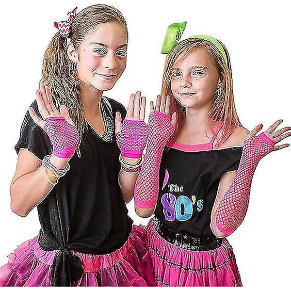 2 par lange og korte fiskenet handsker (rose) fingerløse fiskenet handsker mesh handsker 80'er fiskenet handsker handsker til 80'er fancy dress tilbehør