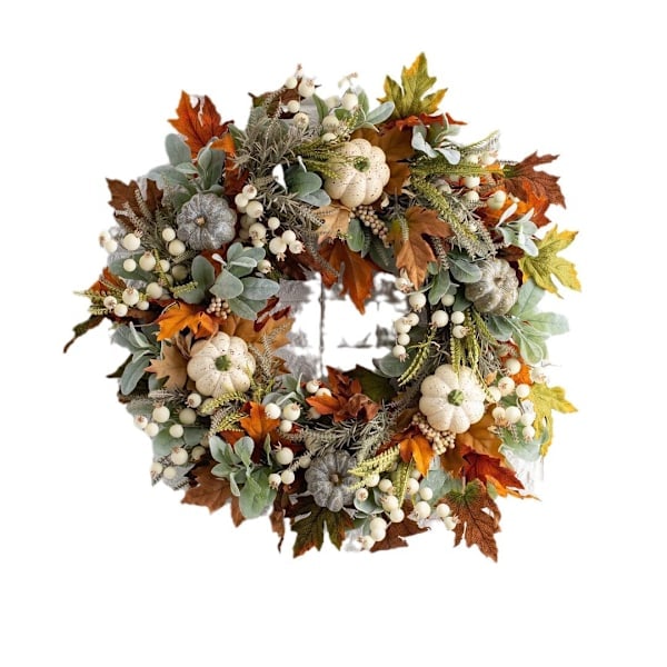 20 tum Thanksgiving höstkrans, eukalyptus, bär, pumpor, lammöron, höstkransar för ytterdörren