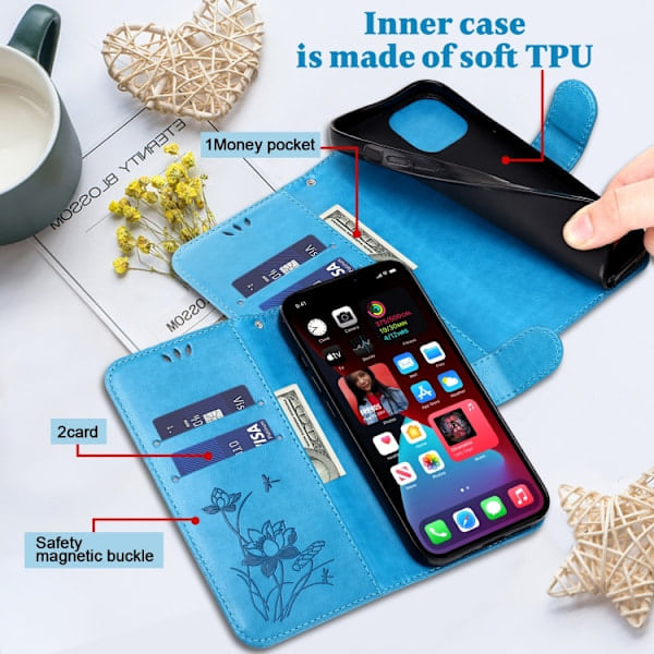 iPhone 14 Pro Etui Lotus Blomst Blå