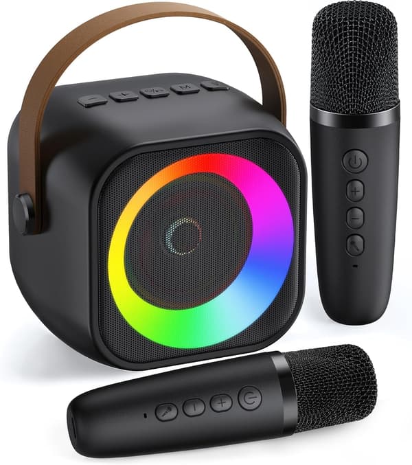 Mini Karaoke Machine, Portable Bluetooth Karaoke Speaker with 2 Wireless Microphones and Party Lights