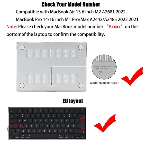 Tastaturdæksel til Macbook Air 13,6 tommer M2 A2681 2024 & Macbook Pro 14/16 tommer M1 Pro/max blødt skindbeskytter