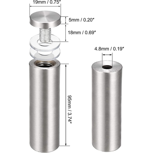 8 st 3/4 tum x 4\" (19x100mm) distanshållare skruvar väggfäste skylthållare akrylglas naglar