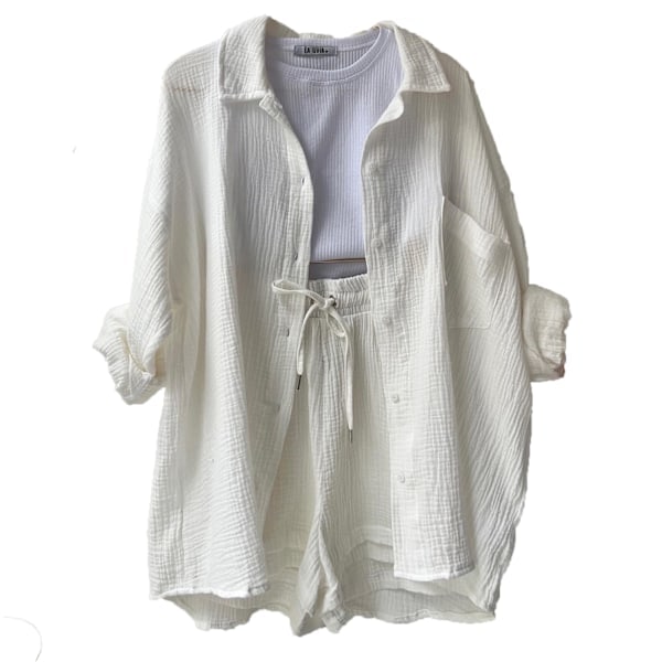 Dam Crinkle Age Långärmad Skjorta Hög Midja Dragsko Shorts Mode Avslappnad Tvådelad Set Vit L