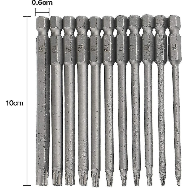 Sett med 11 ekstra lange (100 mm) og magnetiske sekskantede torx-bits - elektrisk skrutrekker