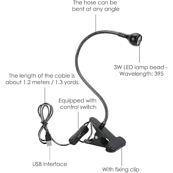 Iso musta LED UV-lamppu hanhenkaulalla ja pidikkeellä UV-geelikynsille, matkapuhelimen korjaukseen - 395nm, 5v USB-tulo