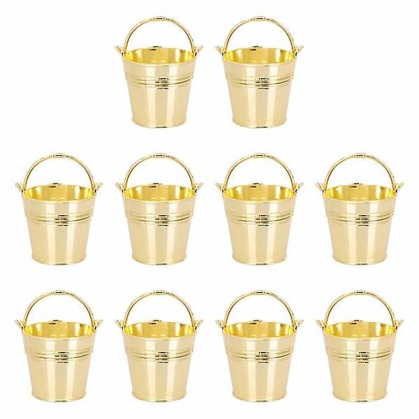 10 stk. Børnefestartikler Pommes Frites Spand Slikopbevaring Mini Blikplade Metalspand Flowe Gylden 8x5,5 cm
