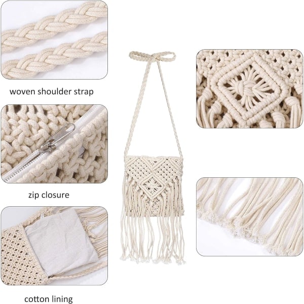 Dame Skuldertaske med Kvaster, Pige Frynset Hæklet Håndtaske Boho Crossbody Tasker, Vintage Håndvævede