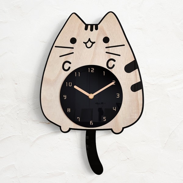 Cat Clocks with Swinging Tail and Eyes Wooden Cartoon Clock Creative Silent Swinging Wall Clock with Cat Wagging Tail