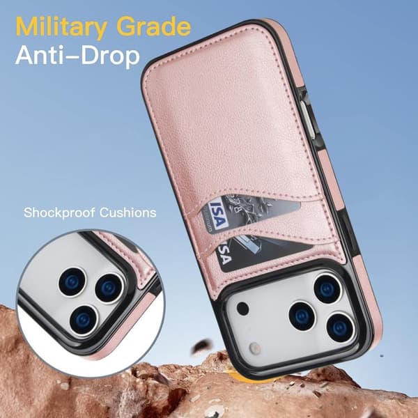 iPhone 17 Pro Max Cover - Litchi Læder med Kortlomme Roséguld