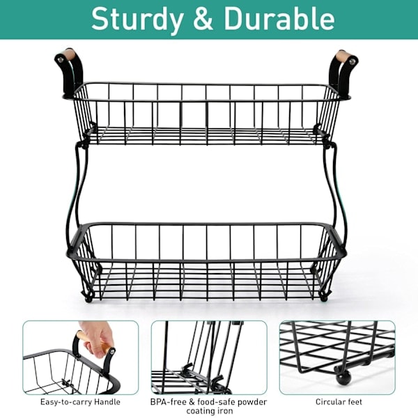 2-lags frugtkurv Bordplade Frugt Grøntsagskurv Skål til køkken Bordplade Metaltråd Opbevaringskurv Frugtstativ Holder Organizer, - Perfekt