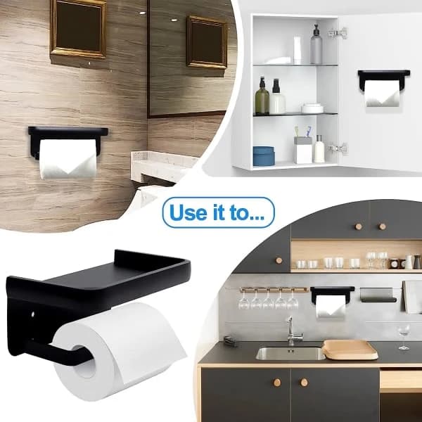 WC-paperiteline hyllyllä, musta WC-paperiteline