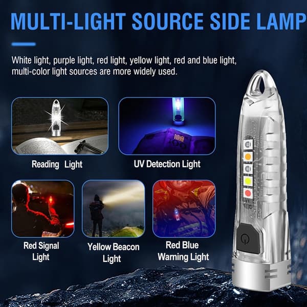 Mini LED Nøgleringslommelygte, 400 Lumen, 12 Tilstande, UV Og Sidelys, USB-C Genopladelig Til Camping Og Daglig Brug