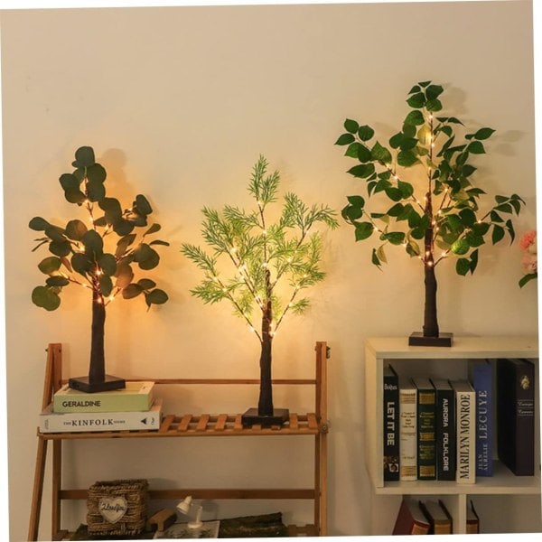 String Bordplade Dekorativ Kunstig Bonsai Træ Mini Dekorativ Bonsai Træ Natlampe Hvid Birk med Lamper USB Natlampe
