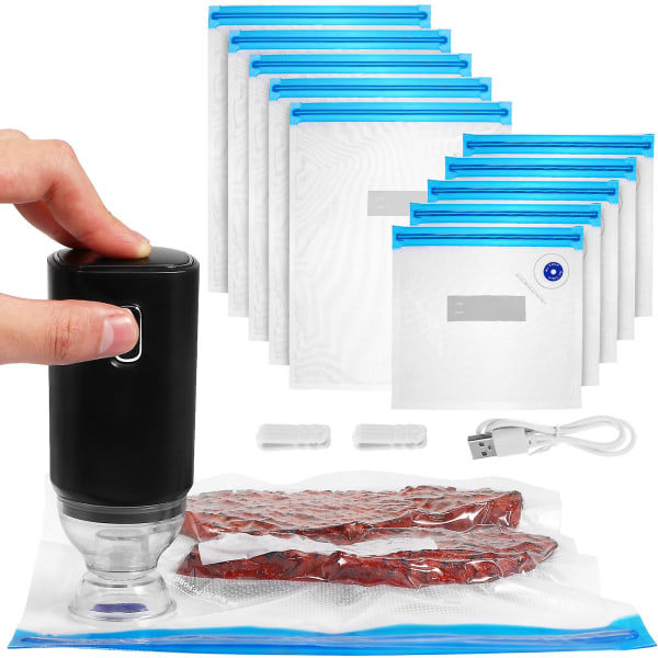 1 Set Elektrisk Vakuumförpackare med Zip-påsar och Förslutningsklämmor för Matlagning och Matförvaring Svart 13X5X5CM