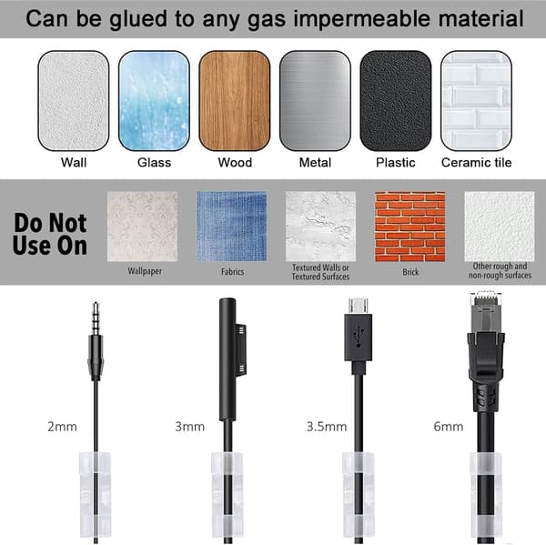 Cable Clips [16 Pieces (Transparent, L)], Cable Organizers, Self-Adhesive Cable Management Clips for Home or Office