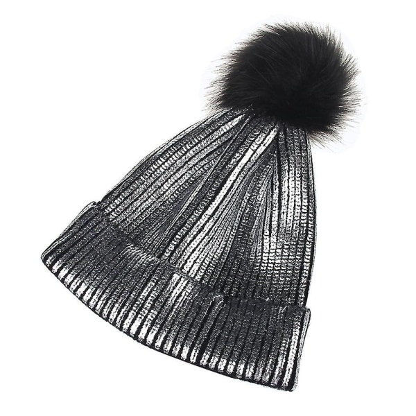 Winter And Fall Chic Beanie Metallic Shiny Beanie Skull Pom Pom Hats Cap For Women (silver)