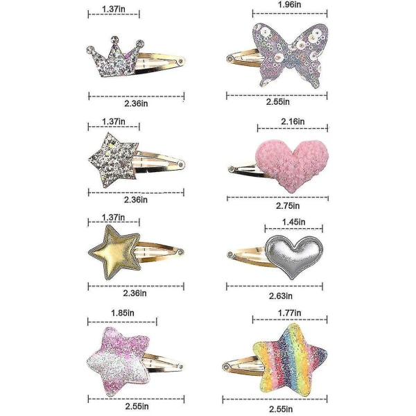 8 paria / 16 pakkausta hiuspidikkeitä tytöille, tähti/kruunu/sydän/perhonen muotoiset lasten hiuspinnit, söpöt hiuspidikkeet metalliset napsautettavat hiusneulat kimmeltävä hiusten muotoilu