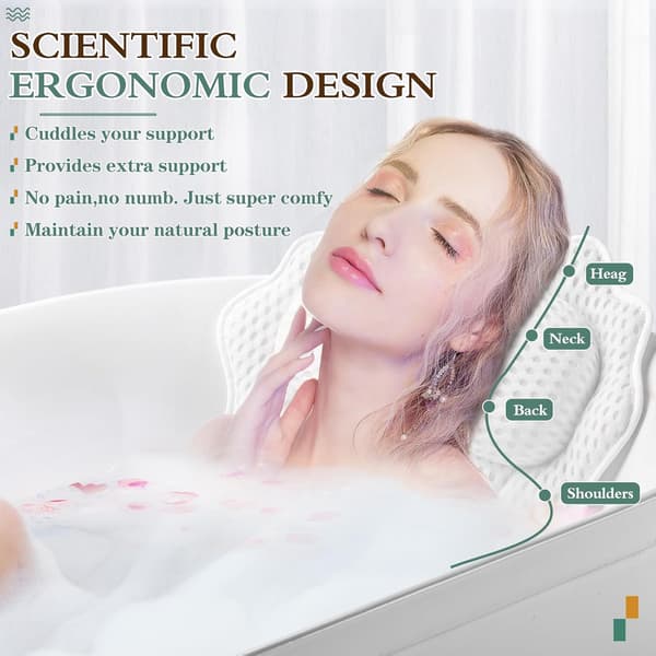 Luxury Ergonomic Bath Pillow with Head, Neck, Shoulder and Back Support, 4D Bath Pillow with 6 Powerful Suction Cups, Suitable for All Bathtubs