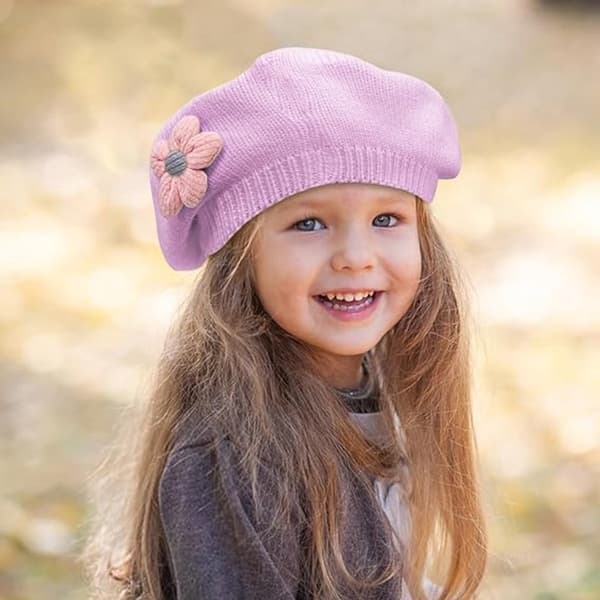 Baby Piger Vinter Baret Hat, Varm Akryl Strik Med Blomst, Fransk Stil, 6 Måneder Til 3 År, Lilla, 45-50 cm