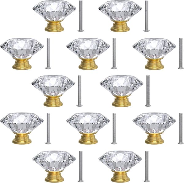 Diamantglas skabsknopper, guldbase, klar krystal 30 mm, til skrivebords- og kommodeskuffer