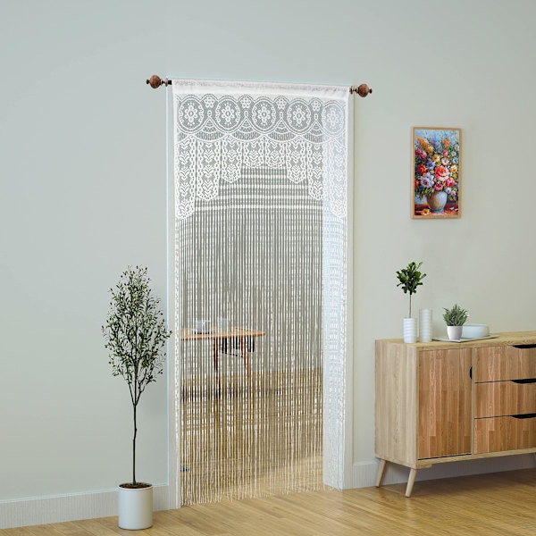 Spetsgardin för dörröppningar, dörröppningsgardin i hippiestil, fönsterpanel, rumsavdelare, väggskåpsgardiner (100×200 cm, vit)