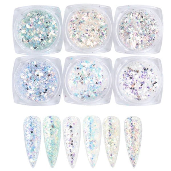 Holografiska Nagelkonst Paljetter Glitter Kit 6 Lådor 3D Naglar Glitter Metallisk Glänsande Flingor Akryl Pulver Damm Paljetter för Nageldekoration