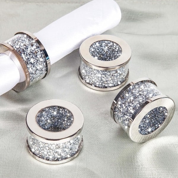 Servettringar Silver Set om 4, Bling Servetthållare Full av Ossade Diamanter för Middagsbjudning, Bordsdekoration