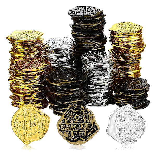 300 stk. plastgullmynter piratmynter barnelekemynnter for piratfest skattekisteleker poletter