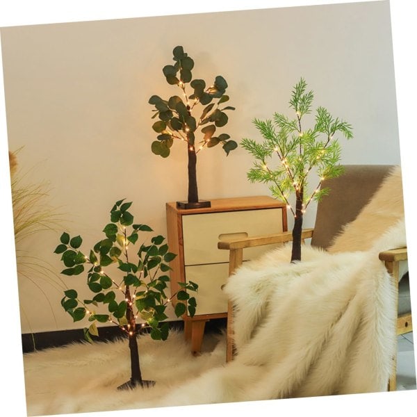 String Bordplade Dekorativ Kunstig Bonsai Træ Mini Dekorativ Bonsai Træ Natlampe Hvid Birk med Lamper USB Natlampe