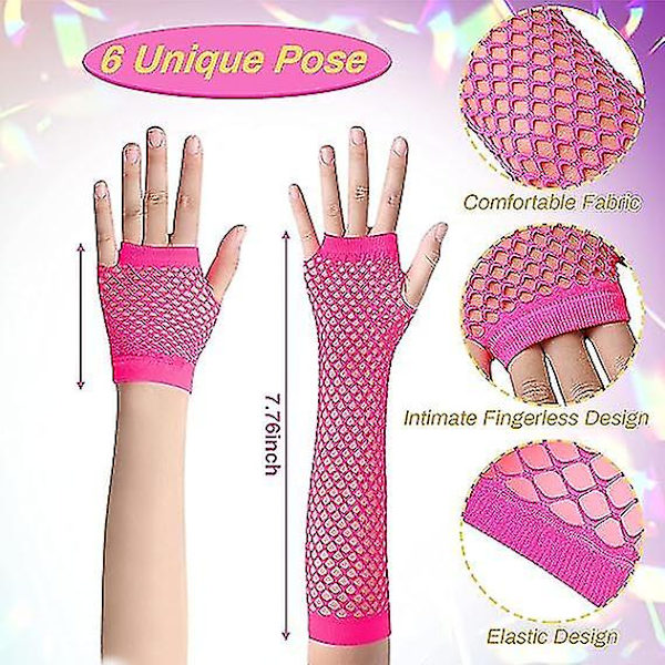 2 par lange og korte fiskenet handsker (rose) fingerløse fiskenet handsker mesh handsker 80'er fiskenet handsker handsker til 80'er fancy dress tilbehør