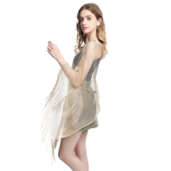 Dame sommerponcho med solbeskyttelse og pomponer, lys guld glitrende