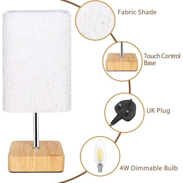 Touch Sängbordslampa, Dimbar Touchkontroll Nattduksbordslampor, Liten Lampa Träbas Beige Linneväv Lampskärm för Sovrum, Dimbar Glödlampa Ingår